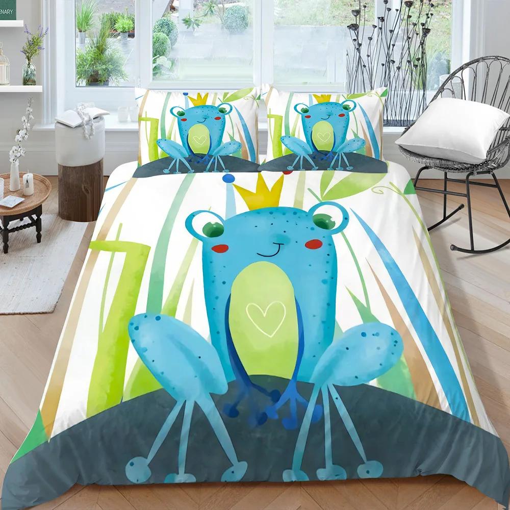 Cartoon Frog Duvet Cover Set King/Queen Size Reptile Animal Theme Bedding Set Cute Green Frog Polyester Comforter Cover for Kids