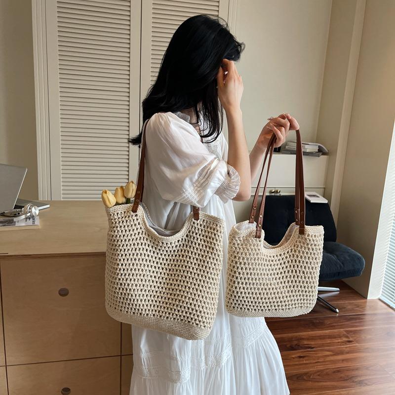 Casual Large-capacity Shoulder Cotton Thread Woven Bag Women's New Reticulated Tote Bag Seaside Vacation Beach Bag