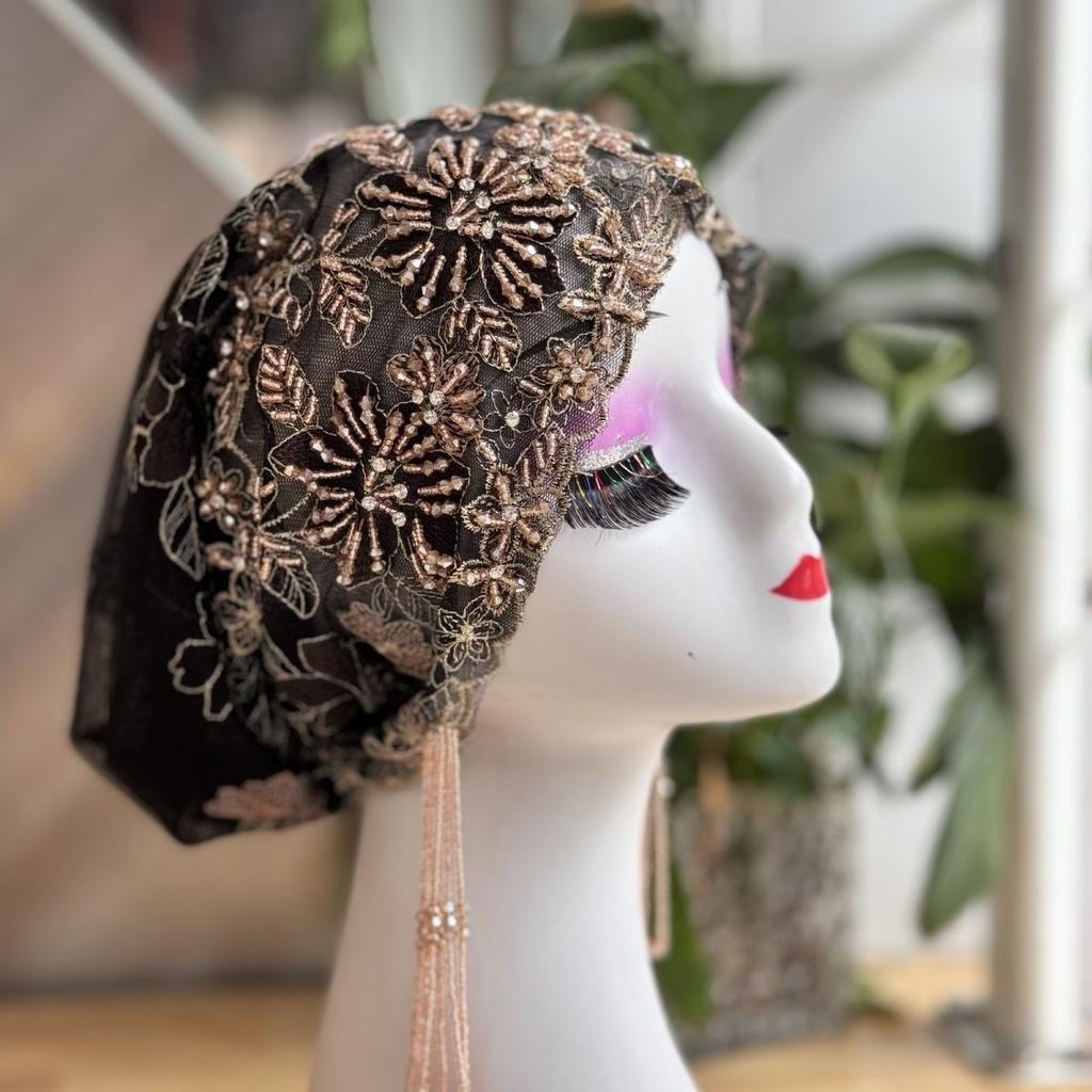 Heavy Industry Double-Layer Embroidery Turban Thin Fashion Scarf Tassel Lace Hat Handmade