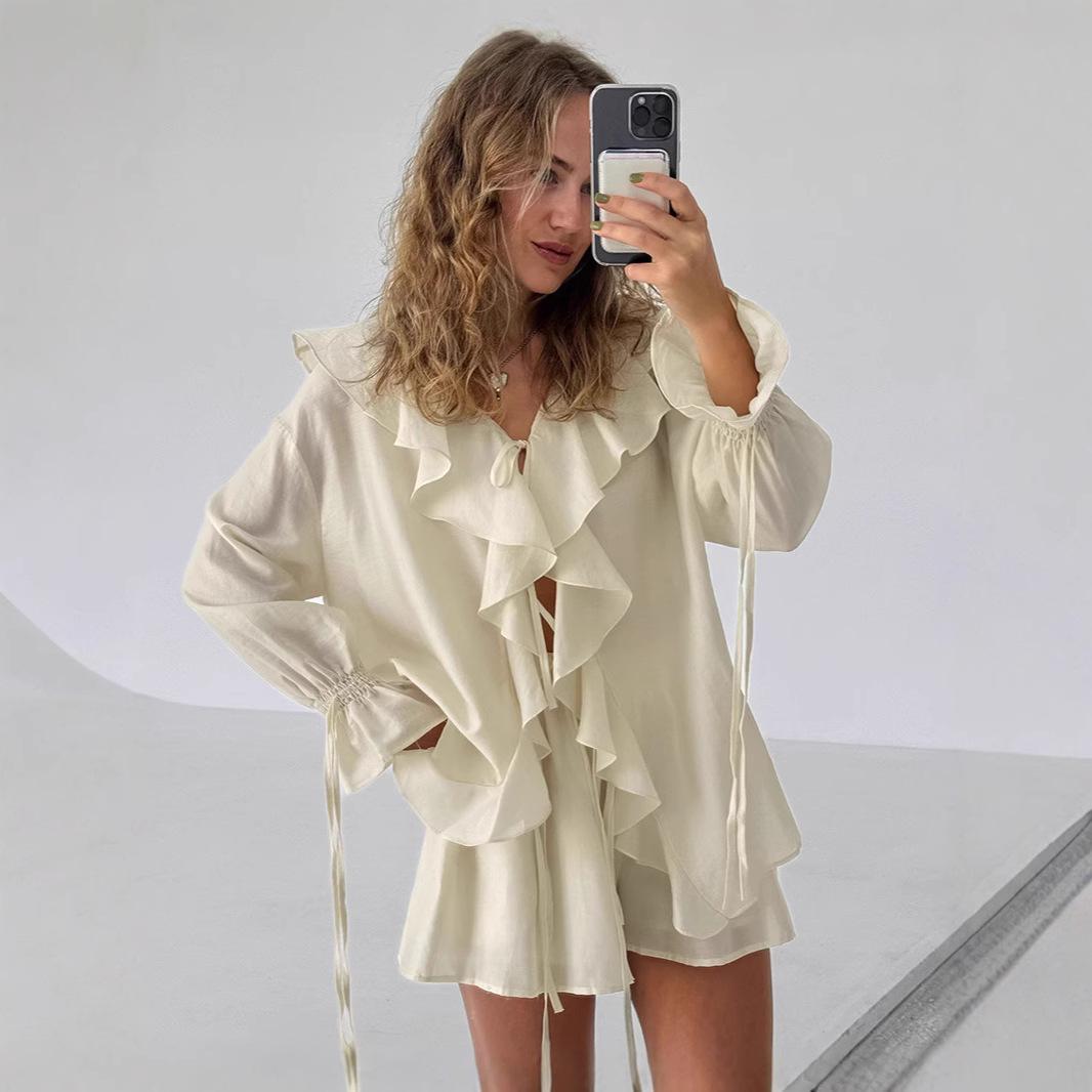 

Women s Off-Shoulder Ruffle Blouse with Tie Detail and Drawstring Shorts Set, Casual Chic Outfit L білий