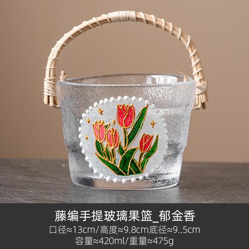 

Стеклянный поднос для фруктов, нарисованный вручную, для украшения гостиной, плетеная корзина из ротанга, ведро для хранения продуктов, сервировочное блюдо для закусок