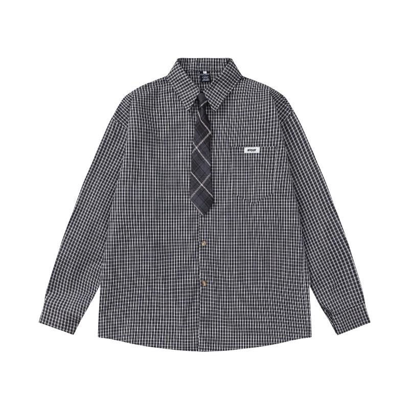 Autumn Japanese Retro Pocket Small Label Decorative Plaid Versatile Men's and Women's College Style Loose Long-sleeved Shirt