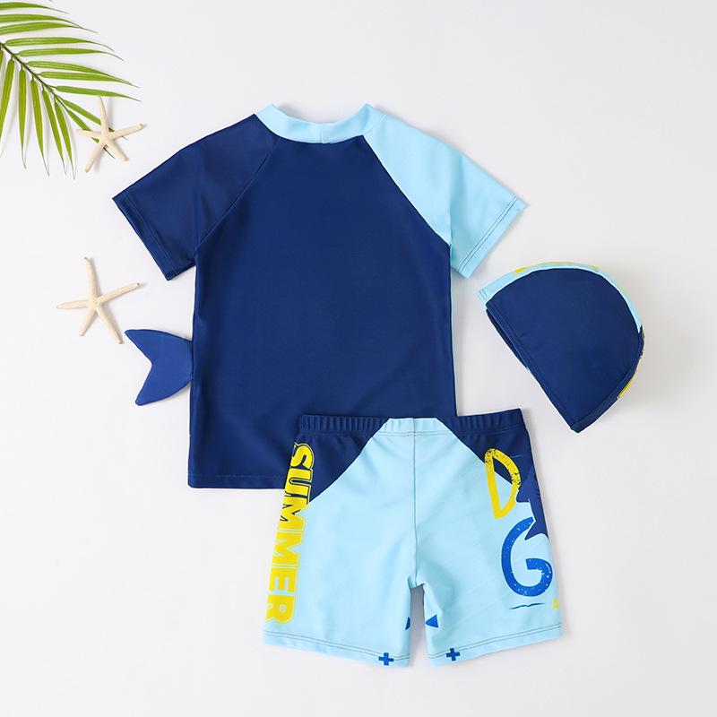 New Cute Shark Toddler Boys' Swimsuit Set with Quick-Dry Shorts, Short Sleeves, Sunscreen, and Swim Cap
