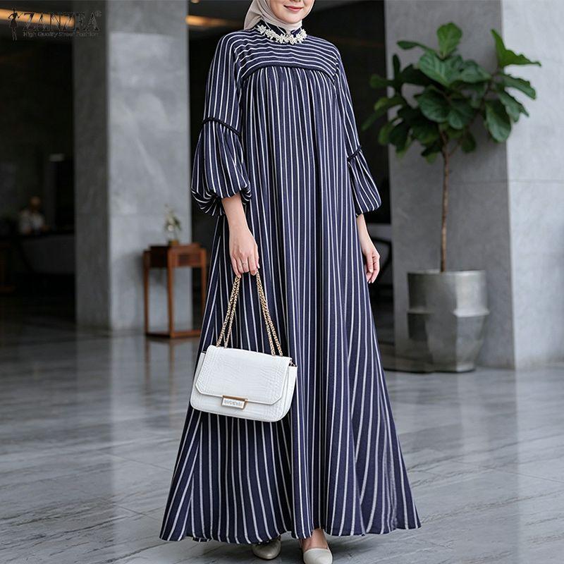 ZANZEA Women Casual Stand Collar Loose Nine Quarter Sleeve Retro Stripe Long Dress S