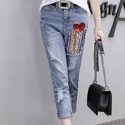 Summer Women Fashion Denim Pants Jeans Leggings 3D Flower Nine-point Jeans