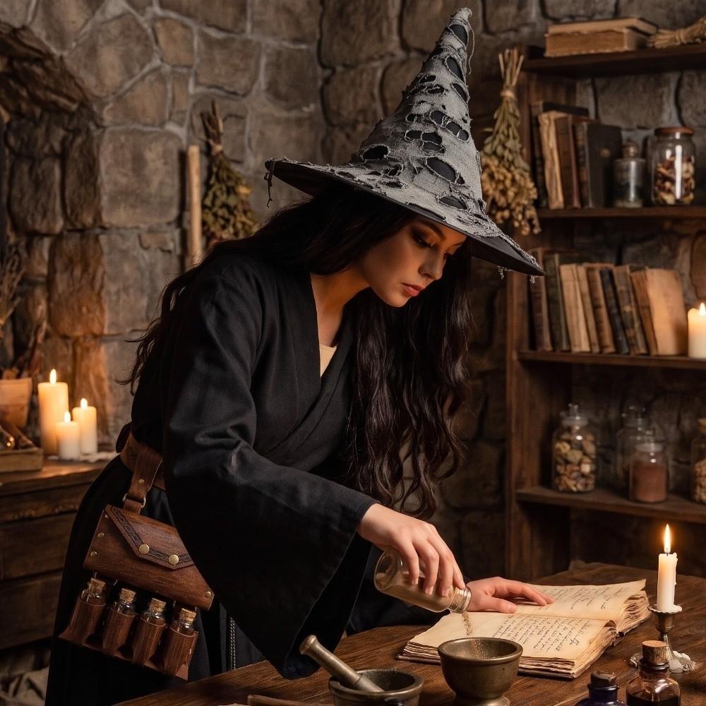 2/3/4pcs Vintage Medieval Wizard Cosplay Set Fantasy Torn Witch Hat Photo Pros