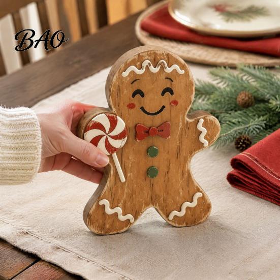 Christmas Window Display Ornaments Wooden Gingerbread Man Decor, Rustic Gingerbread, Candy Cane House Figurines, Xmas Family Gathering Decorative