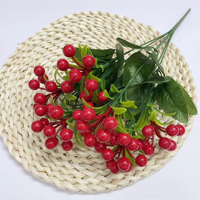 1 Bunch Home Decor Lifelike Artificial Fruit 12-head with Leaves DIY Foam Fruit Red Berries Branch Tabletop Accents