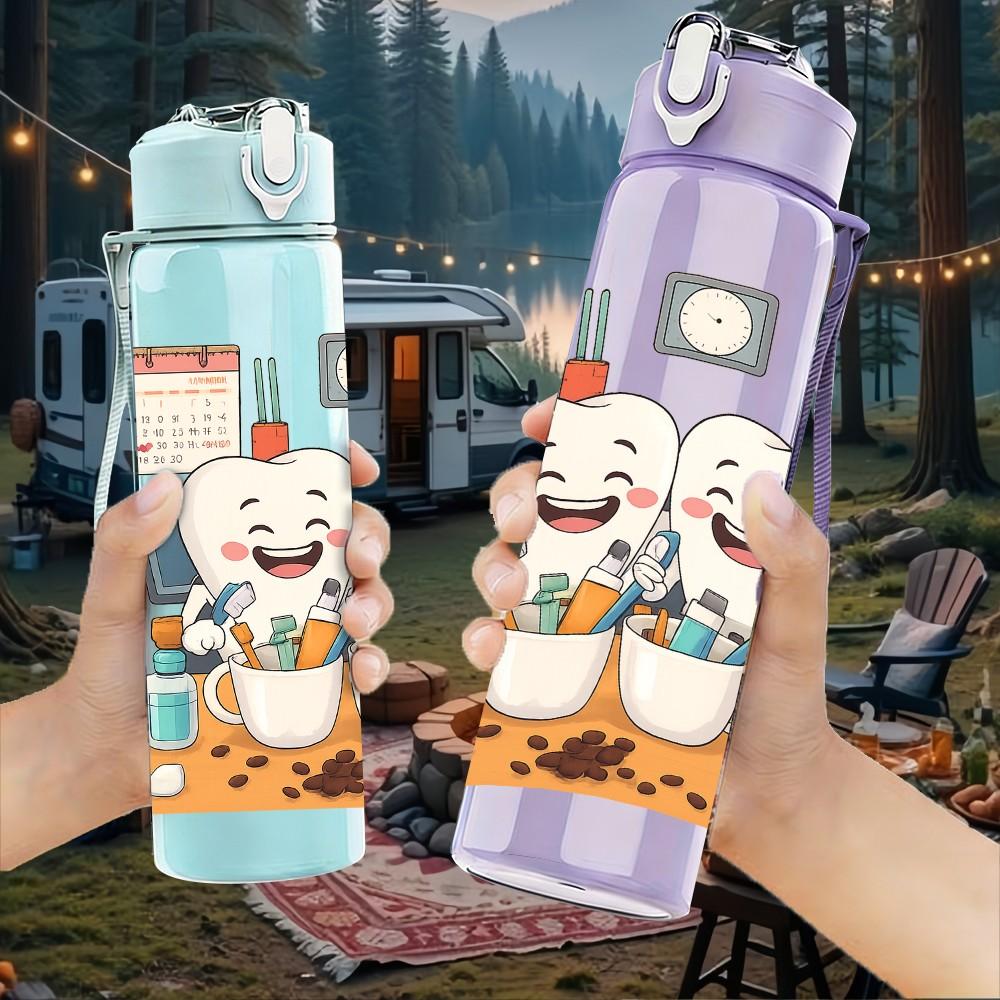 1PC Two Tooth Character Bathroom Mirror 750ml Color Plastic Sports Water Bottle Leakproof Flip Straw Lid Suitable for Sports Office Home Use