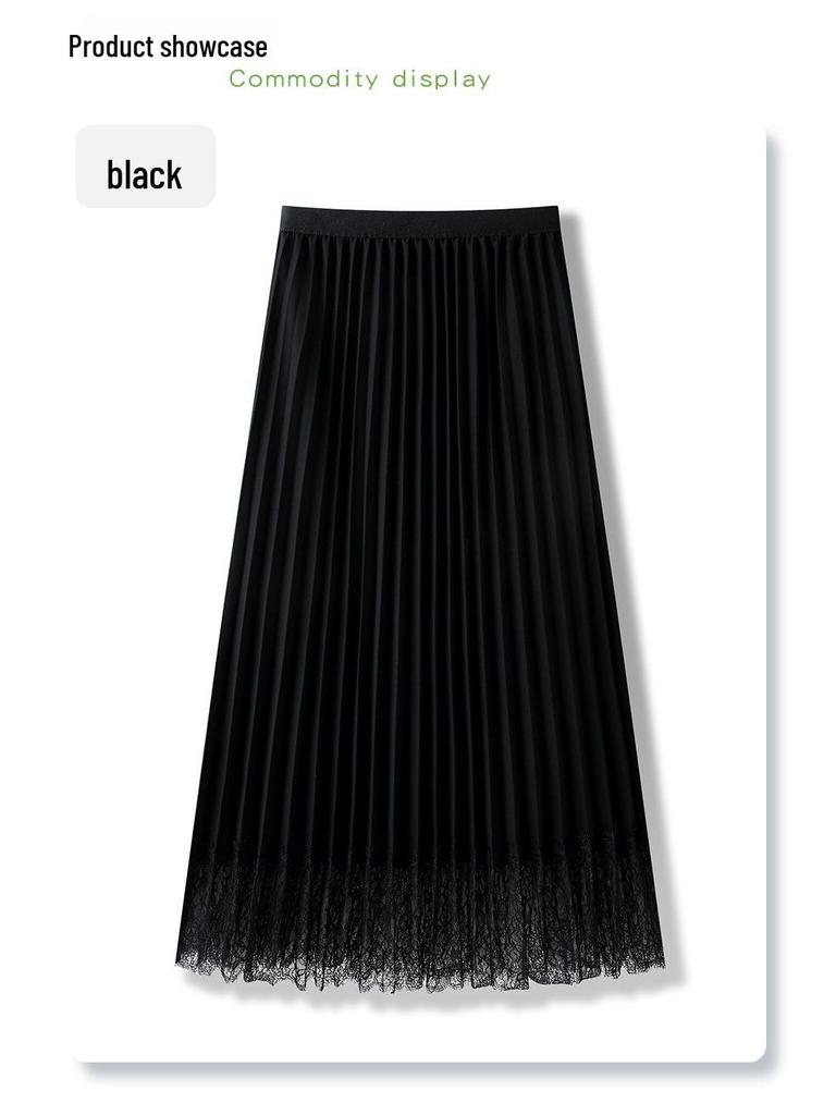 Women’s High Waist White Mesh Pleated A-Line Skirt with Lace Patchwork, Mid-Length, Summer 2025 Collection