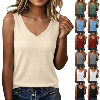 Damenmode Ärmelloses Tanktop V-Ausschnitt Waffelstrick Lässig Sommerbluse Leichtes Weiches Gewebe Bequeme Passform