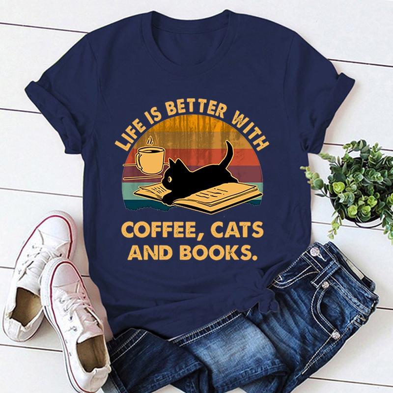 Hot Life Is Better With Coffee Cats And Books Print T-Shirt Loose Short Sleeve Harajuku Casual Tops Women Men T-Shirt