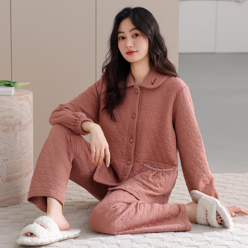 Air Cotton Pajamas Women'S Pure Cotton Long Sleeves Autumn And Winter Thickened Warm Interlayer Large Size Polka Dot Mother Loungewear