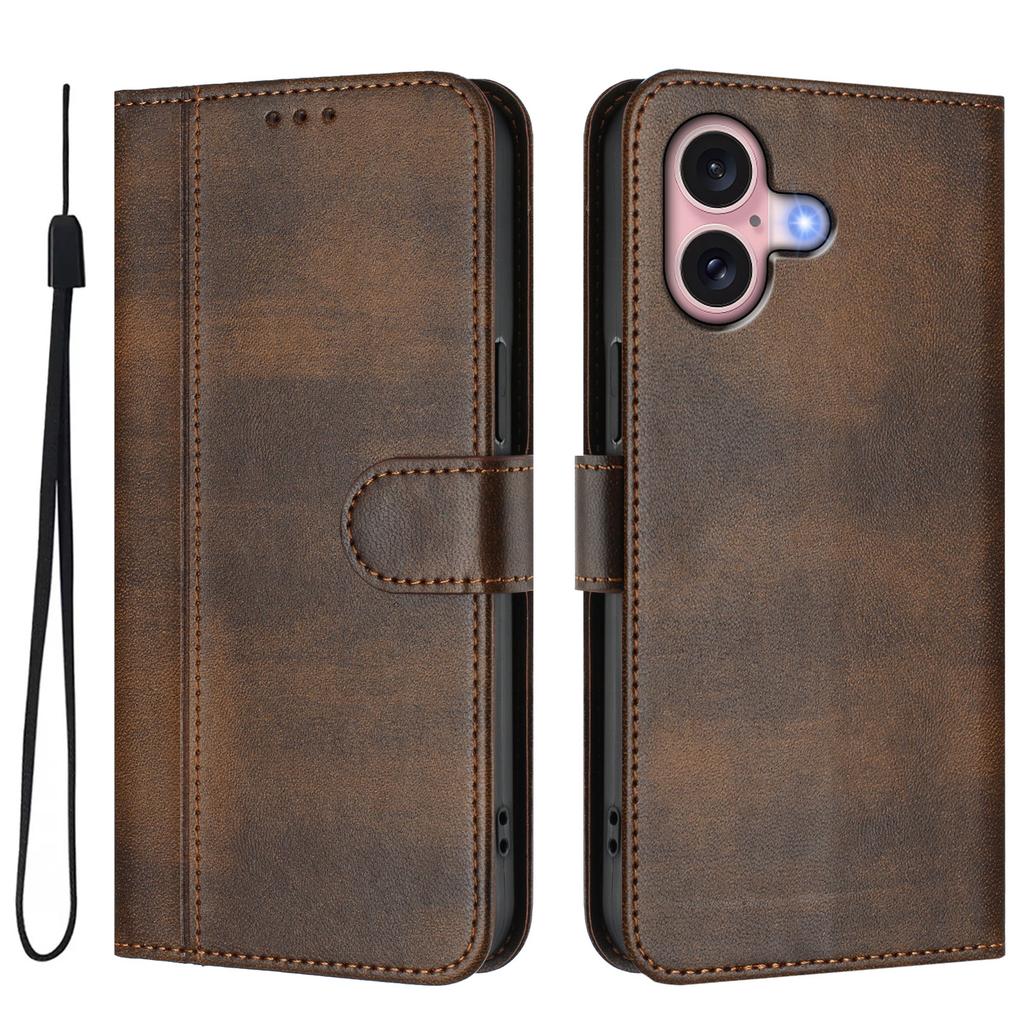 For iPhone 16 Cases Wallet Stand Retro Texture Leather Phone Cover with Lanyard