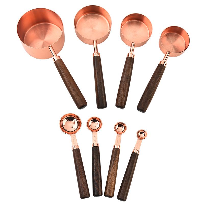 Gold-Plated Stainless Steel Measuring Cups & Spoons Set with Acacia Wood Handles – 8 Pieces