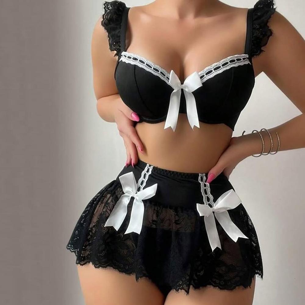 Romantic Ladies Bow Bra Sheer Lace Mini Skirt Teen Sissy Bra Set Black Fancy Lingerie Ultra Breves Sets Sexy Adult