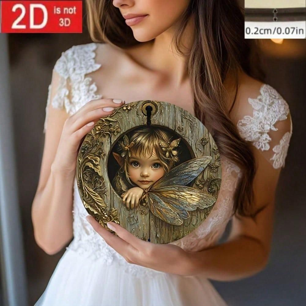 Enchanted Forest Fairy Door Round Wood Wall Art, 2D Printed Hanging Decor, Bohemian Butterfly Floral Accent