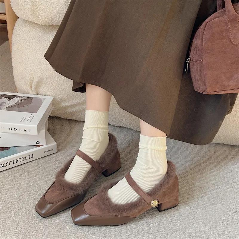 Fashion Square Toe Shallow Fur Loafers Women Boots Winter New Suede Retro Elegant Shoes Women 2025 Trend Party Cozy Fashion Boots Mujer