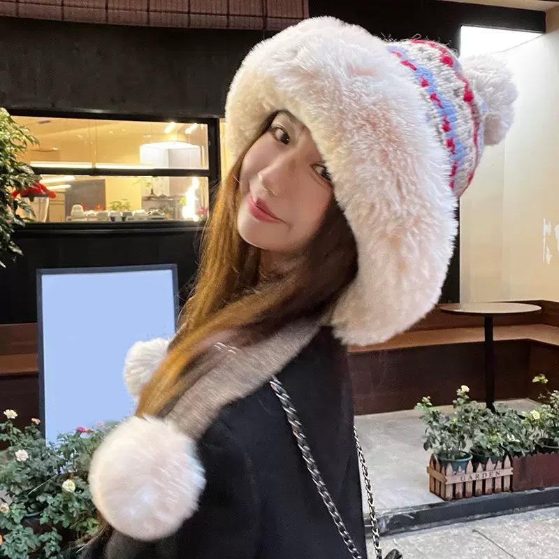New Autumn And Winter Fluffy Earmuffs Warm Wool Hat For Women With Large Head Circumference Cold-Proof All-Match Knitted Hat