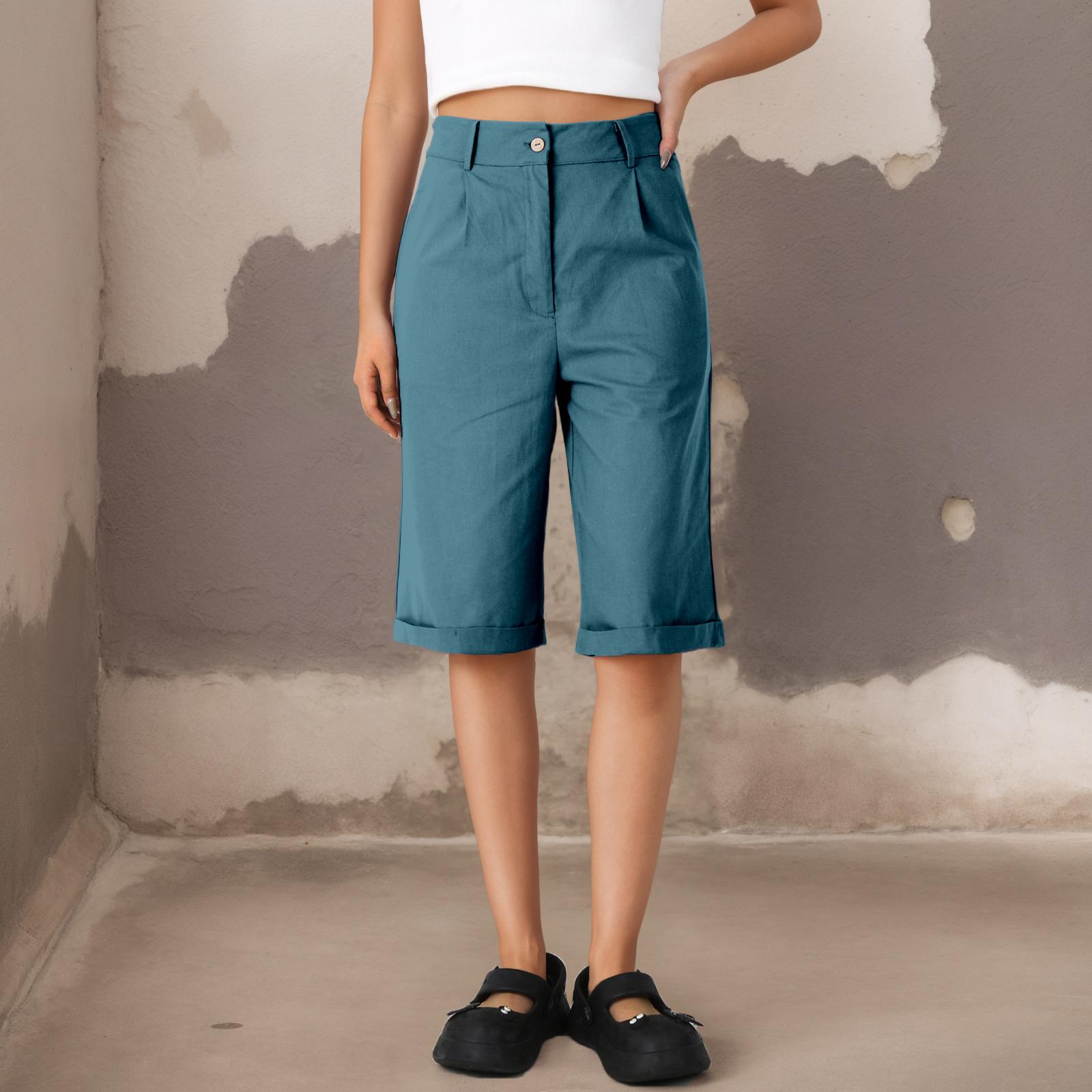 

Женские повседневные однотонные модные хлопковые и льняные шорты с прямыми штанинами S циан