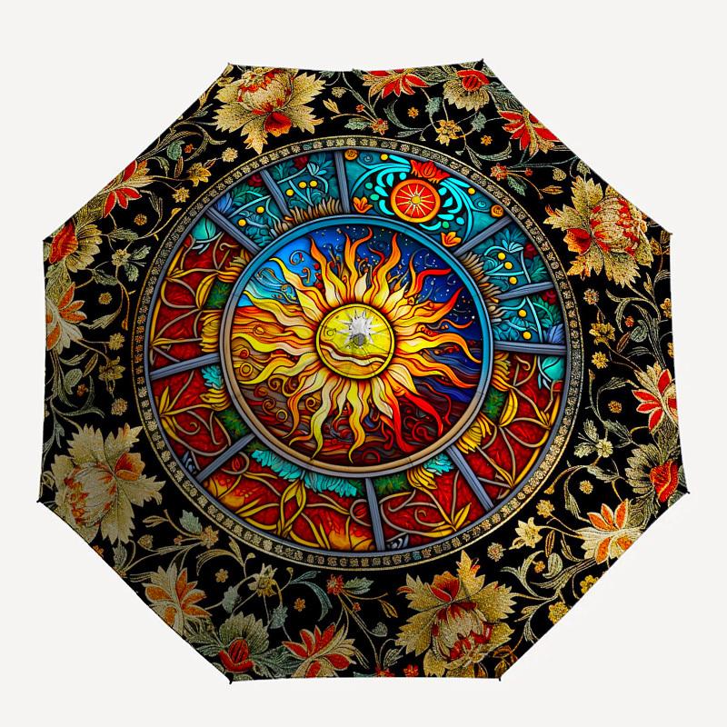 Sun MandalaThemed Automatic Opening and Closing umbrella - 8 Ribs, Suitable for Leisure and Going Out, Outdoor Accessory, Gothic Style, Fash