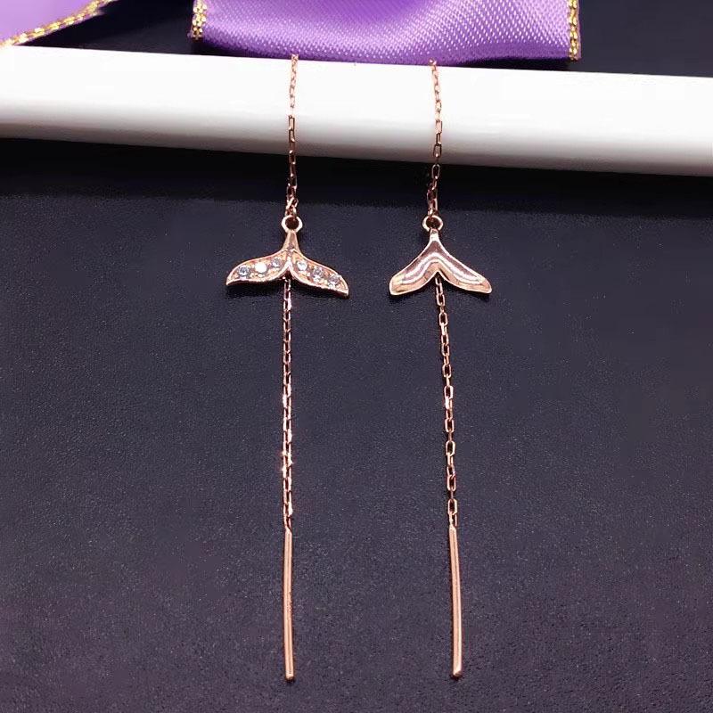Exquisite Russian Purple Gold Mermaid Zircon Tail Earphone Plated Rose Gold Dolphin Ab Version Long Earphone Female