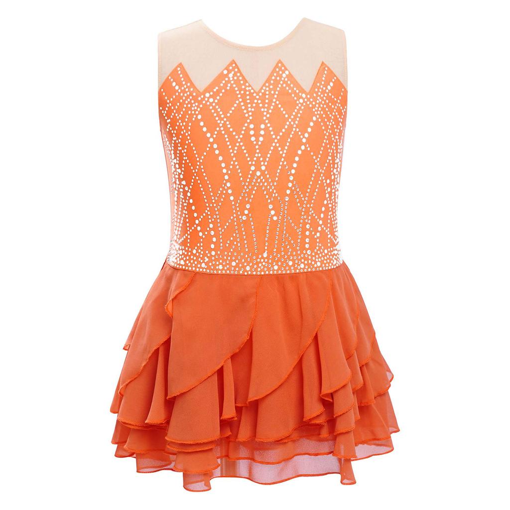 Rochie Patinaj Artistic Fete Gât Rotund Fără Mâneci Strassuri Strălucitoare Fustă Volanată Stratificată Costum de Dans pentru Competiție
