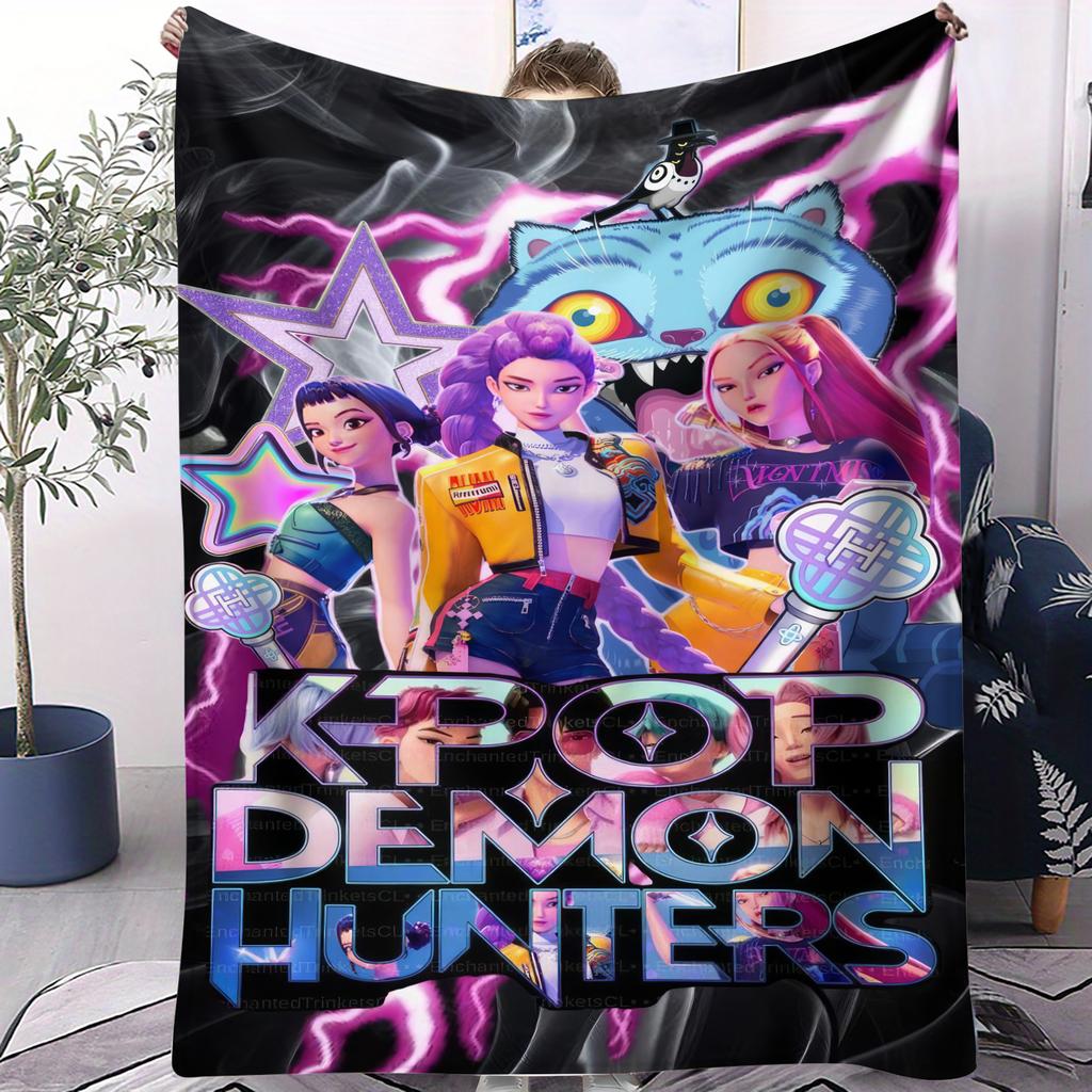 Hot Anime Hot Virtual Girl Group HUNTR/X Print Fleece Throw Blanket Super Soft Warm for Travel Office Home Fans Must-Have Gift