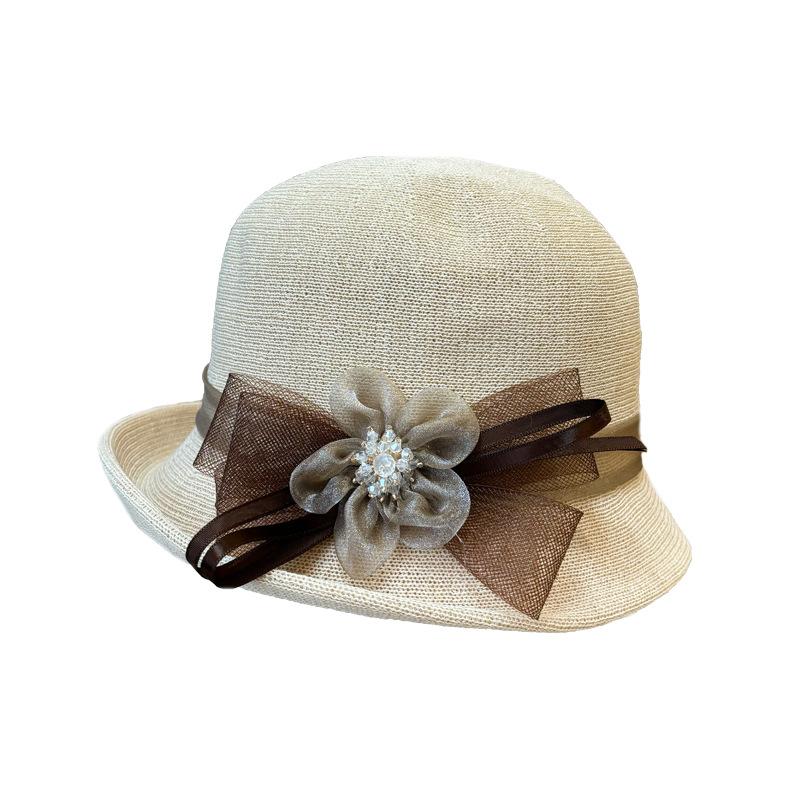 New hat women's spring and summer thin knitted sun hat middle-aged and elderly elegant crimped basin hat sunscreen mesh flower bucket hat