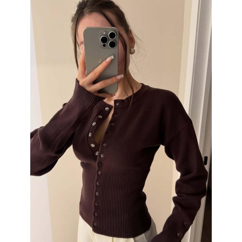 Women's Fitted Waist Single Breasted Button Round Neck Long Sleeve Knit Cardigan Cropped Sweater Top
