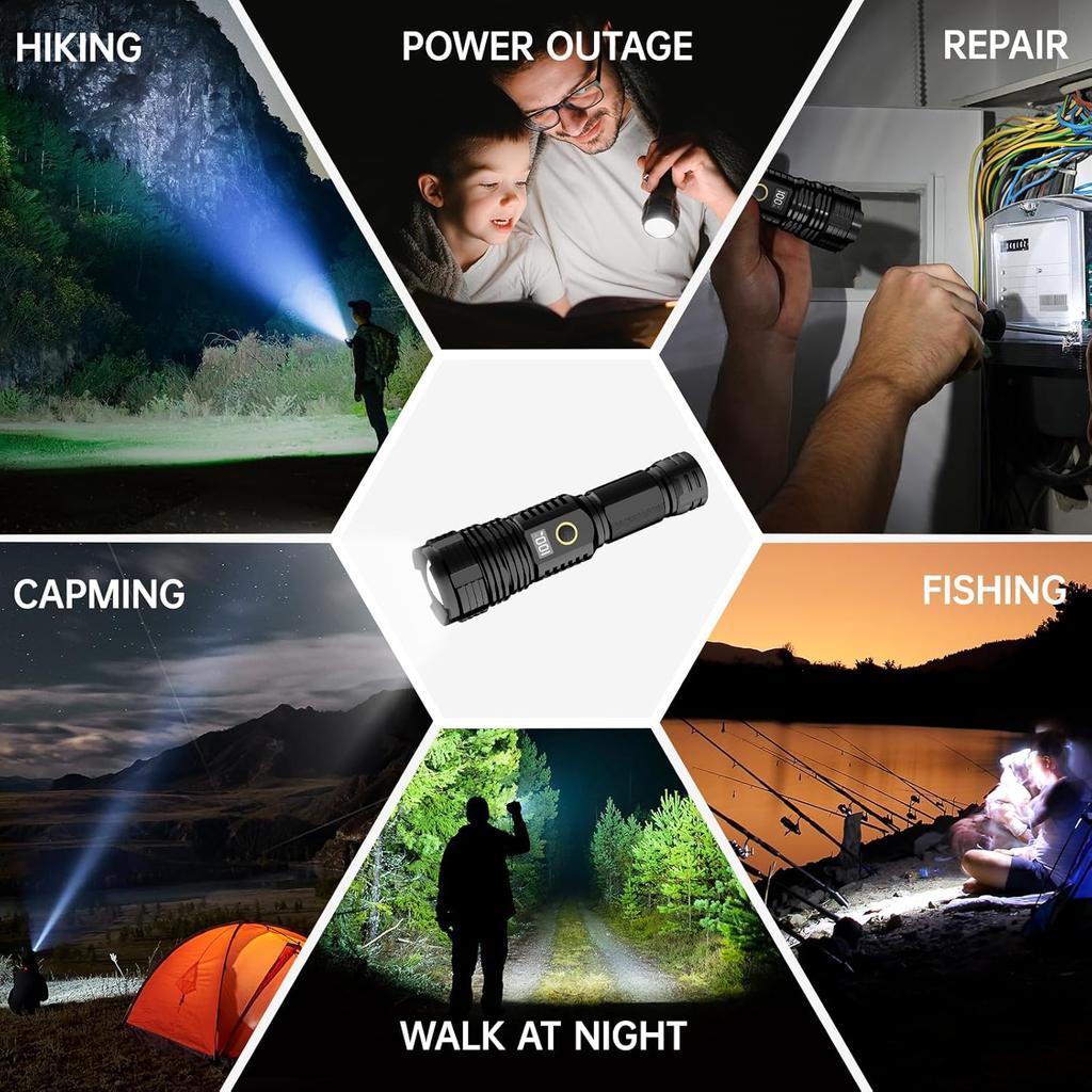 Flashlights High Lumens Rechargeable, LED Super Bright Flash Light Long Beam, Zoomable Linternas with LCD Digital Display, 5 Mode, Waterproof,