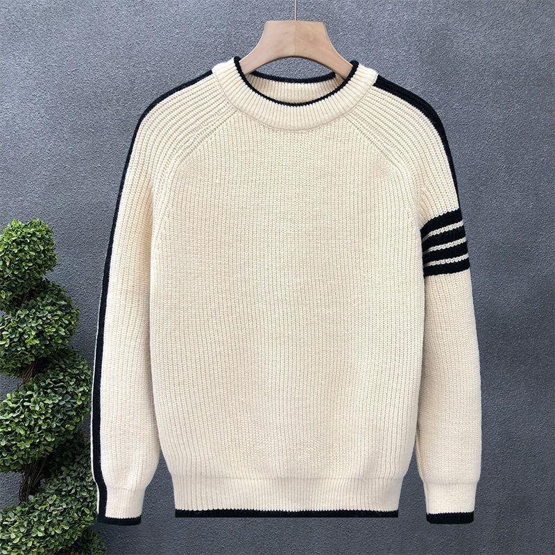 Round Neck Contrasting Trend Sweater Warm Men's Versatile and Handsome Pullover Base Knitted Sweater