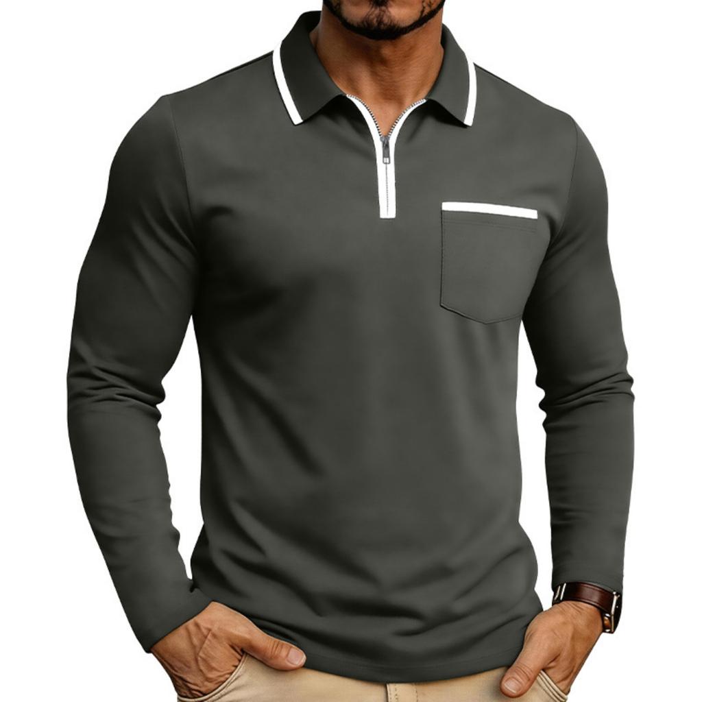 Men Long Sleeve Polo Shirt Zipper Collar Casual Slim Fit Top with Patch Pocket and Contrast Trim for Daily Wear