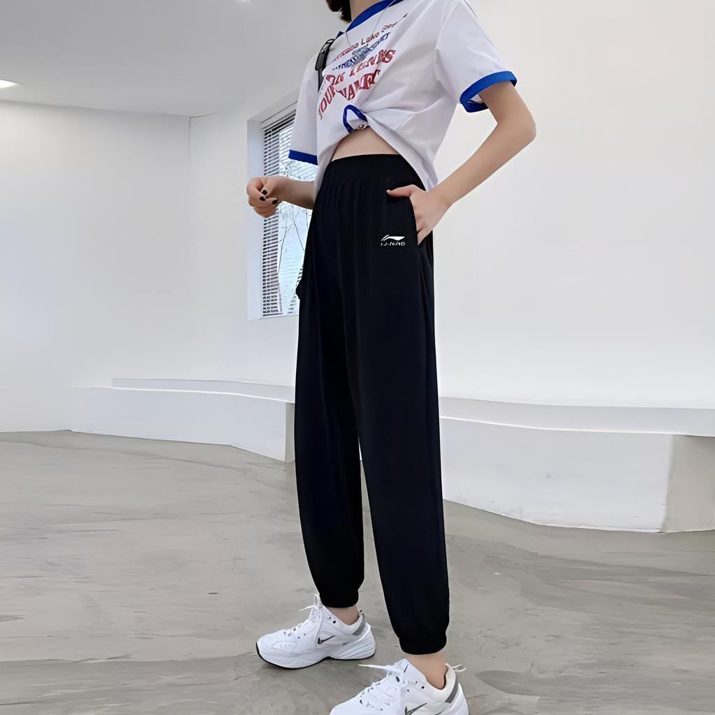 Li-Ning Solid Color Mid-Rise Drawstring Comfortable Breathable Versatile Cuffed Knit Sports Pants Women Bottoms Black YKLT110-1