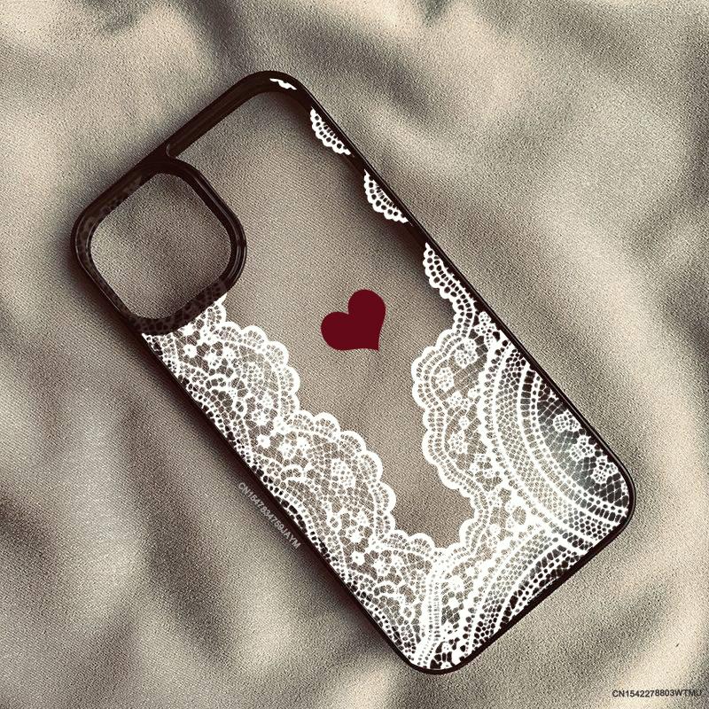 Cute Black White Lace Floral Pattern Phone Case For iPhone 16 17 Pro 15 17Air 13 11 12 XS Max 7 8 14 Plus XR Clear Hard Cover