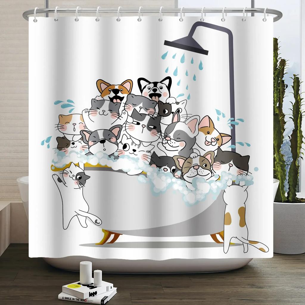 Funny Cat Shower Curtain Cartoon Cute Cats Dog Kids Shower Curtain for Bathroom Waterproof Polyester Home Decor Shower Curtains