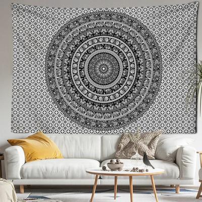 Czarno-biała mandala gobelinowa ściana wisząca sztuka kwiaty psychodeliczne czary bohemia sypialnia wystrój domu