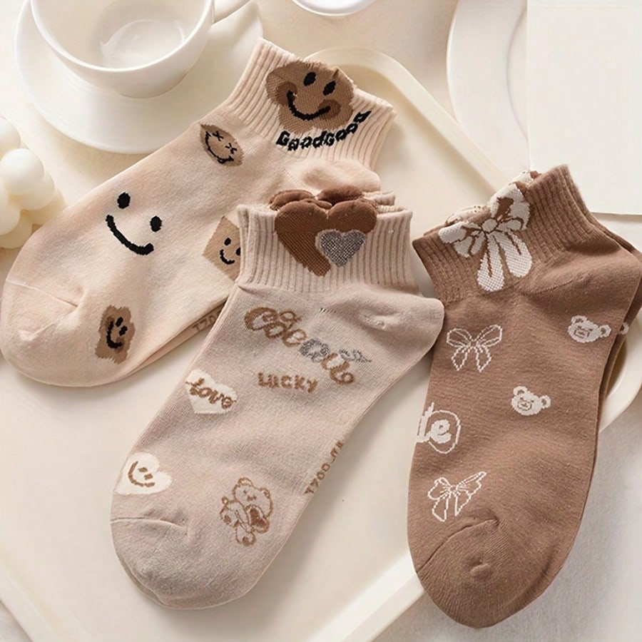 

5 Pairs Cute Pattern Ankle Socks, Teddy Bear, Happy Face Design, Fall/Winter Sport Short Socks, Ideal For Outdoor Casual Wear