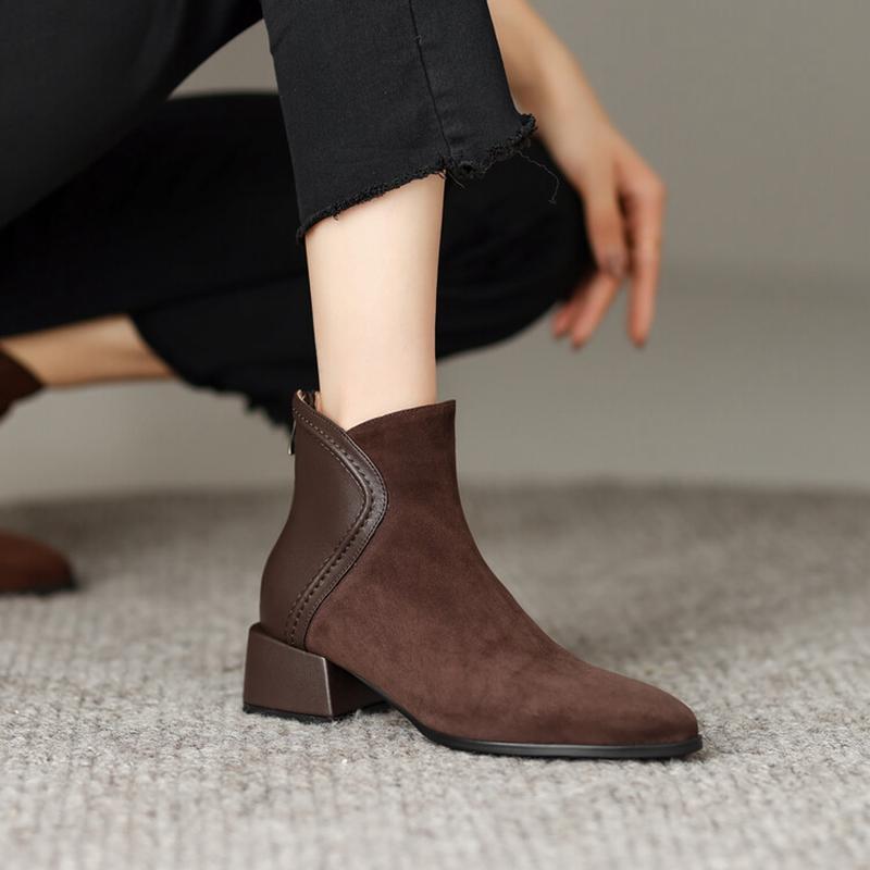 Fashion NEW Fall Shoes Women Sheep Suede Ankle Boots Round Toe Chunky Heel Boots for Women Winter Mature Women Boots Zipper Modern Boots
