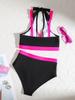 Bikini Sexy de Dos Piezas con Bloques de Color, Escote Halter y Cintura Alta Elegante Traje de Baño para Mujer