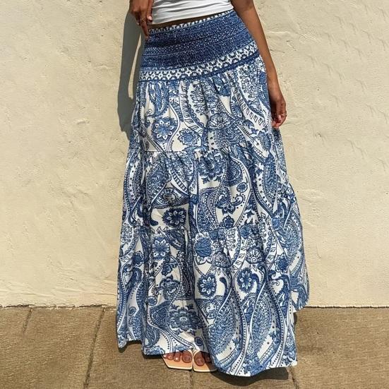 Maxi Skirt Pleated High Waist Printing A-Line Long Skirt Ruffle Splicing Design Leisure Vacation Women Skirt Daily Wear