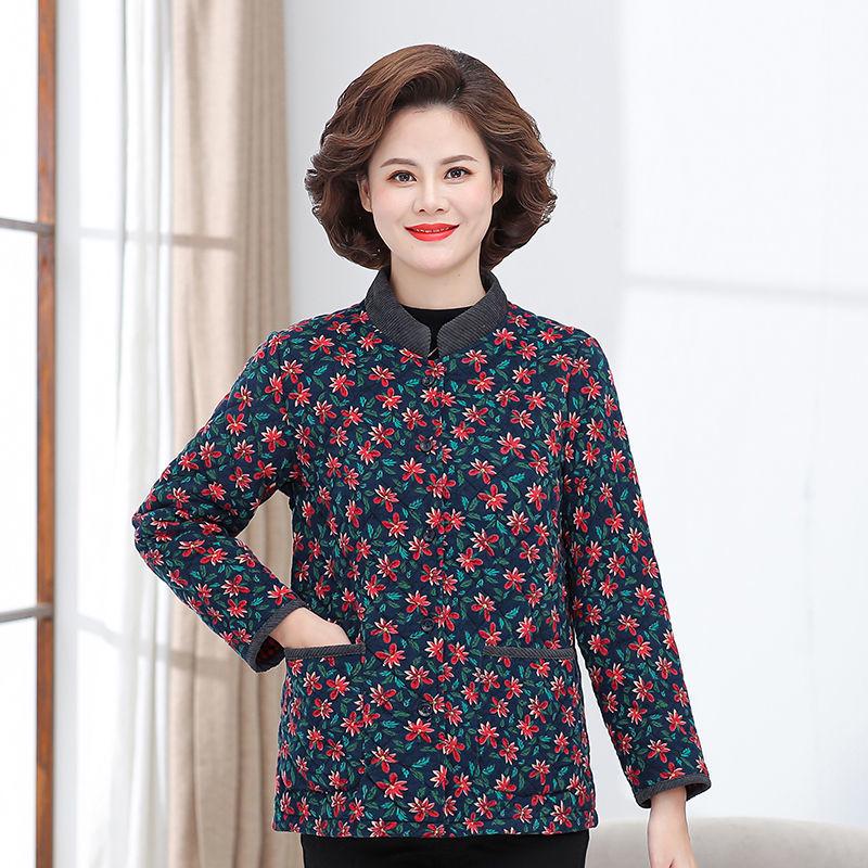 Women's Floral Corduroy Quilted Jacket - Lightweight Autumn/Winter Fashion for Middle-Aged & Elderly
