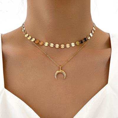 New Double-layer Disc Crescent Moon Necklace Moon Pendant Temperament Fashionable and Simple Neck Chain One Pack