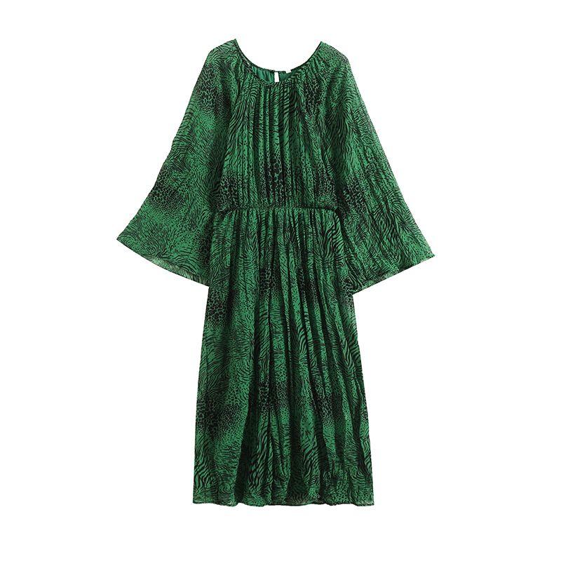 

Kaslead New Arrival Women s Clothing Fashion Style Fashion Vacation round Neck Loose Batwing Sleeve Pleated Watermark Length Dress Green L