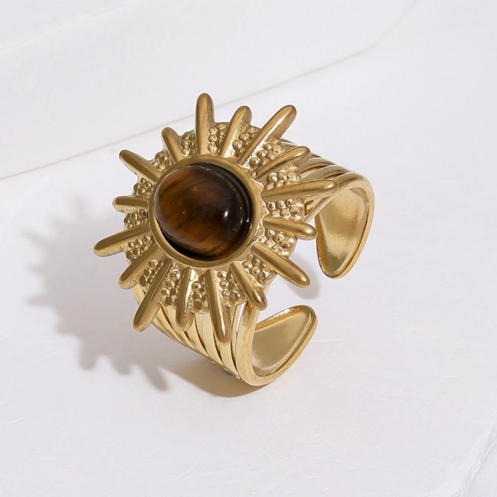 Sun Heart Motif Tiger Eye Stone Ring Gold Color Geometric Rings Vintage Finger Open Rings  Gifts