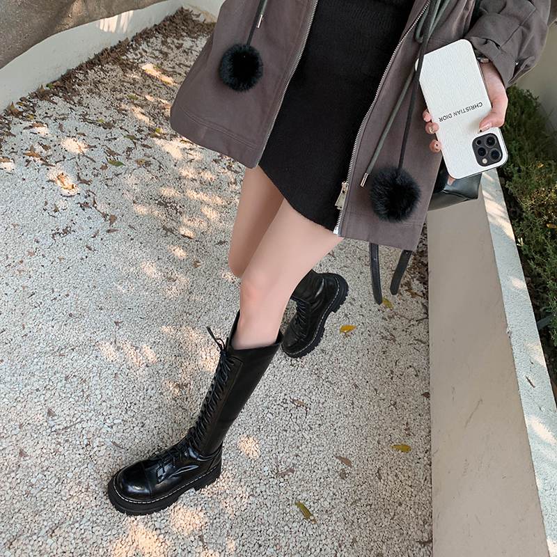 Krazing Pot Buty Jesienno-Zimowe ze Skóry Naturalnej Europejski Design Średnie Obcasy Kozaki Jeździeckie Kobiety Utrzymują Ciepło Kozaki do Uda