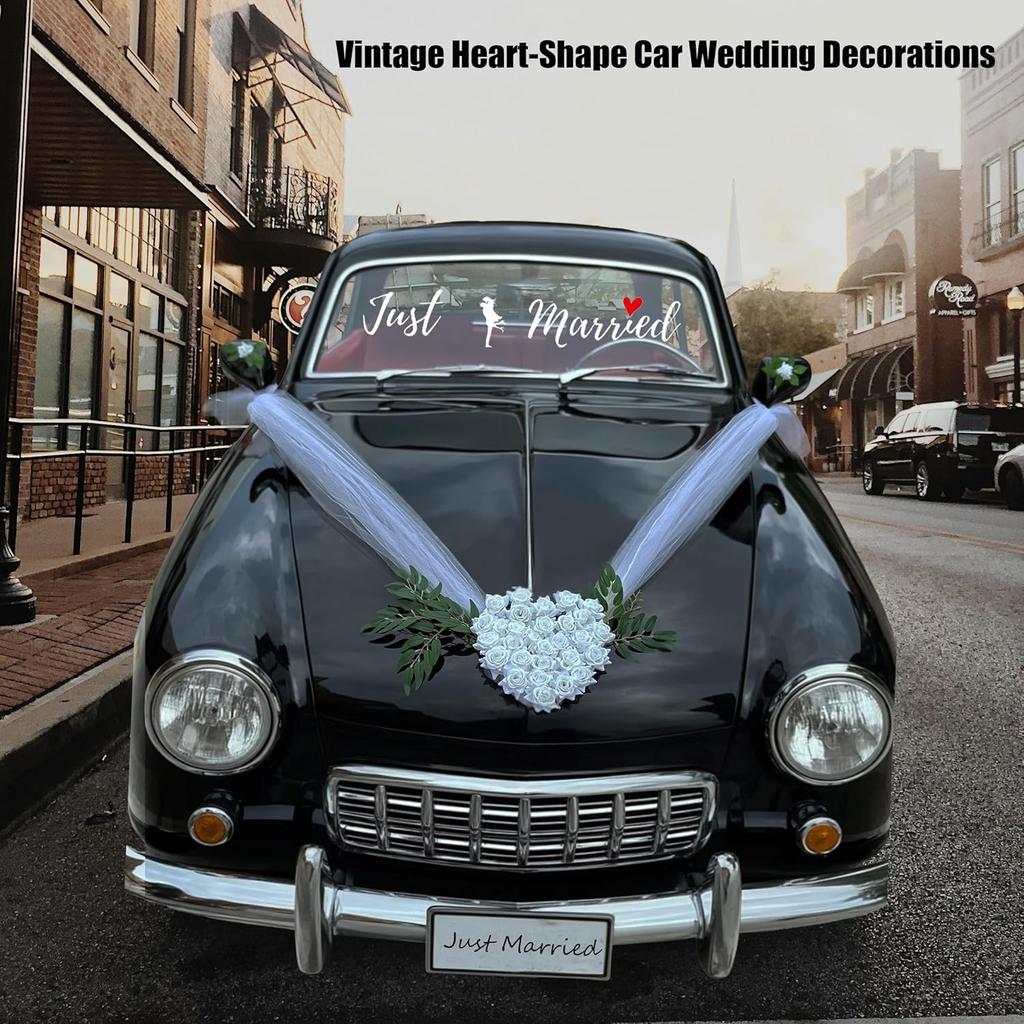 Heart-Shaped Wedding Car Hood Decoration With Angel Wing Design –2 Rearview Artificial Flowers, White Tulle Ribbons & Just Married Decal Set