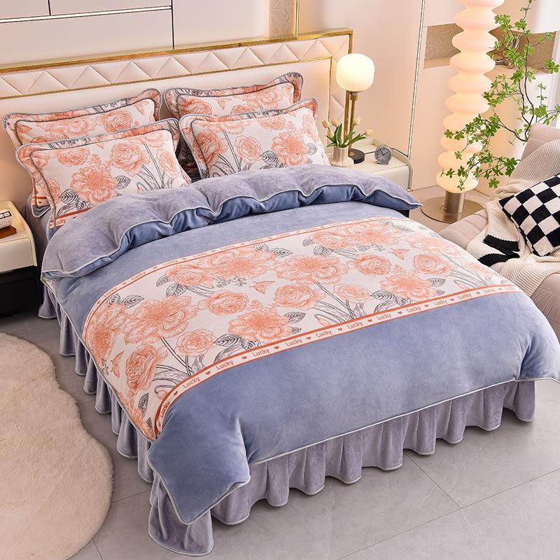 Thickened Milk Fleece Four-Piece Coral Fleece Quilt Cover, Bed Sheet Fleece Double-Sided Fleece Flannel Bedding, Bed Skirt