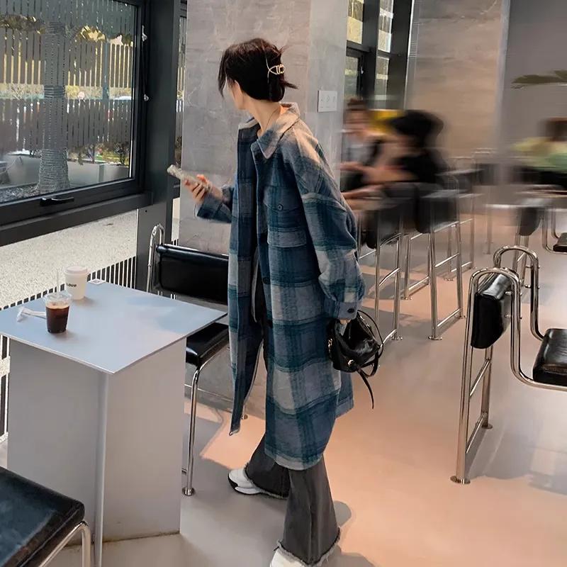 Blue Plaid Jacket Women's Autumn and Winter Loose Retro Mid-length Windbreaker Coat Stacked