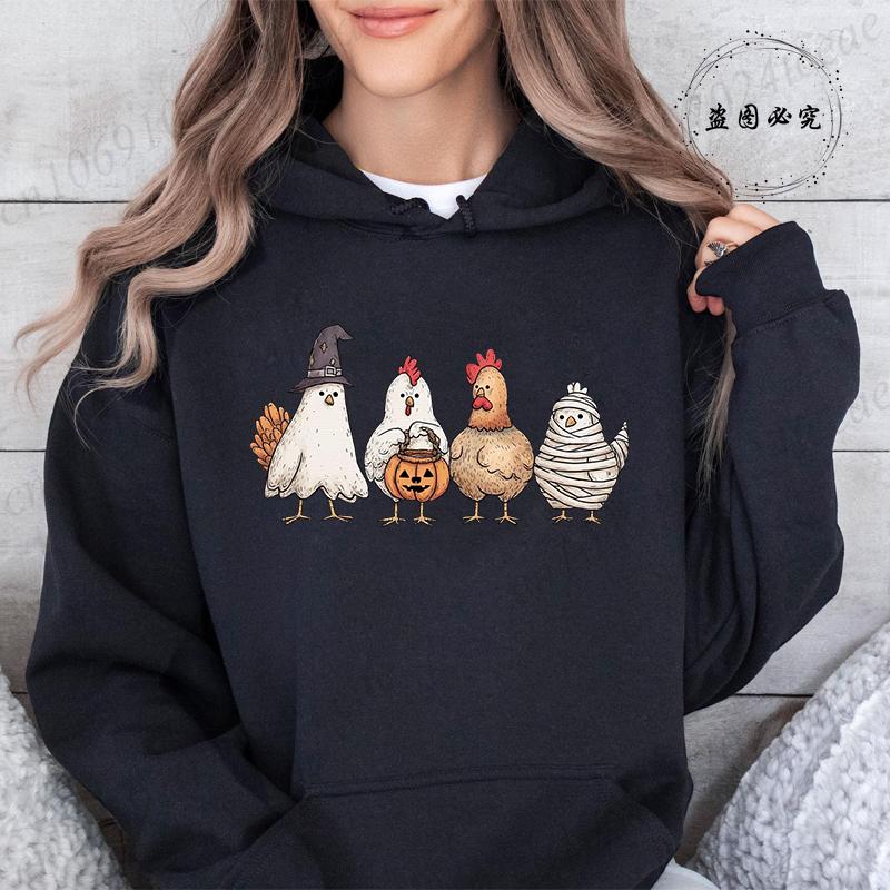 Halloween Chick or Treat Print Women  Hoodie Halloween Funny Chicken Graphic Hoodies Horror Spooky Season Sweatshirt Tops